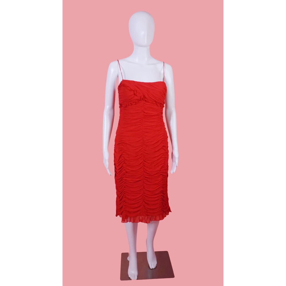 1990s CACHE  Red SILK CHIFFON Draped Dress wiRuffle Details. Small. As Is